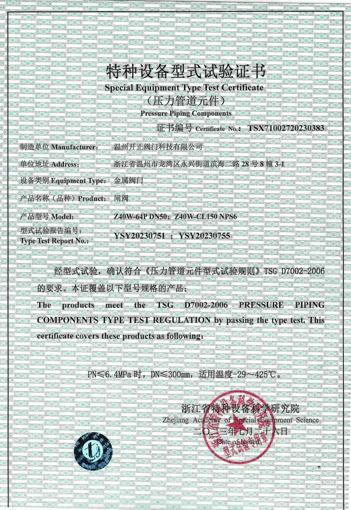 Kaizheng gate valve TS certificate